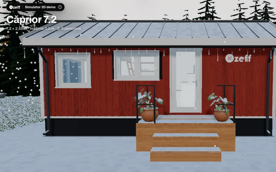 Simulator 3D pentru case, fațada vizualizată iarna, cu ninsoare