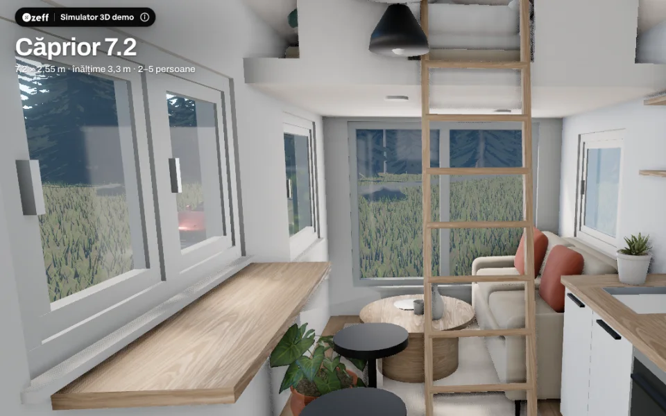 Simulator 3D pentru case, vedere în interior cu living și scară spre loft