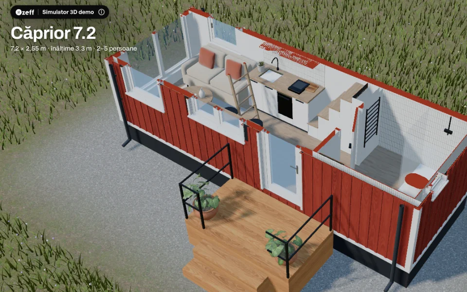 Simulator 3D pentru case, secțiune pe etaje cu living, bucătărie și baie